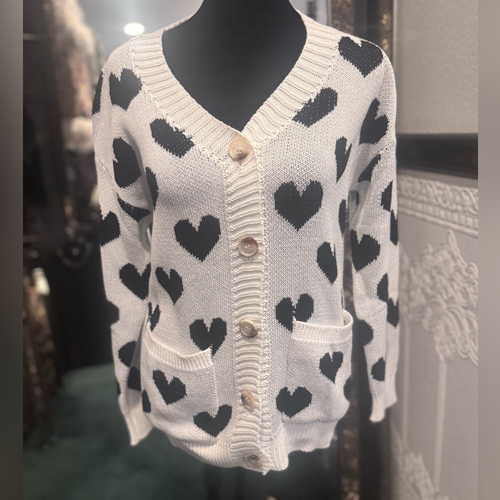 Pink Martini White Cardigan with Black Heart.